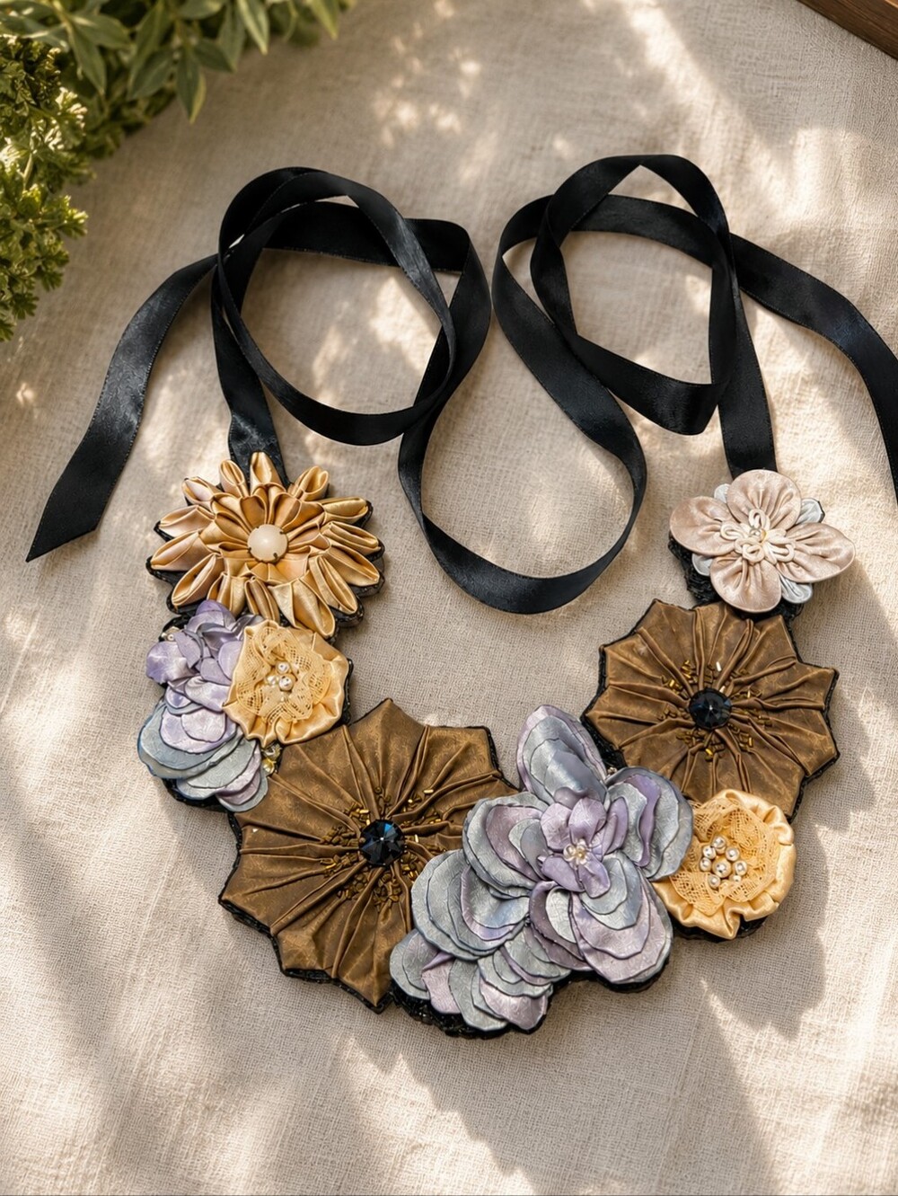 Handcrafted Floral Statement Necklace Satin Ribbon Tie Fabric Flower Necklace